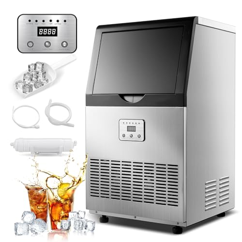 Amzgachfktch Commercial Ice Maker 100lbs/24H Ice Maker Machine, Auto Self-Cleaning, LED Digital Display, Blue Light, Under Counter/Freestanding Ice Machine for Home/Office/Restaurant/Bar