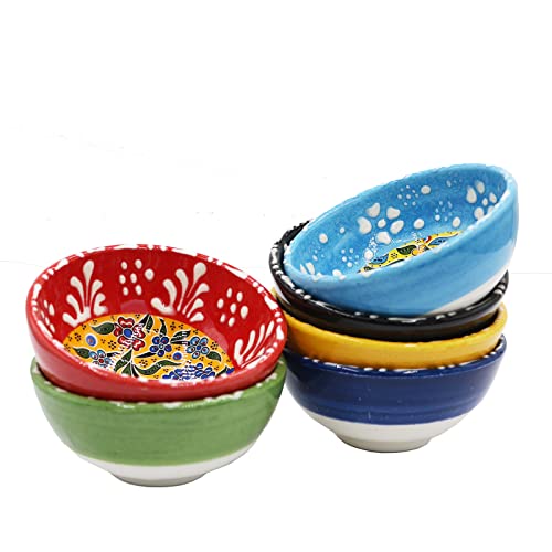 Heracraft 6Pcs Hand Painted Turkish Ceramic Snack Bowls 3.35''/8.5Cm-74Ml/2.5 Oz Decorative Ottoman Tulips Design Multi-Purpose Cute Set - Pinch Sauce Dipping Finger Small Serving Bowls #TOP6