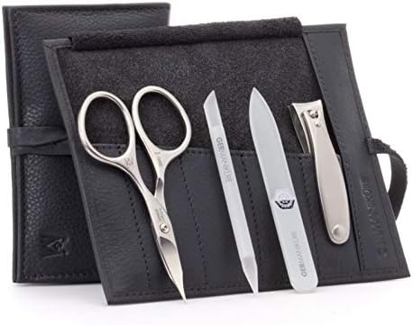 GERMANIKURE 4pc Mini Professional Manicure Set in Black Leather Case - FINOX Stainless Steel Tools Made in Solingen Germany, Glass Nail Care Supplies Made in Czech Republic