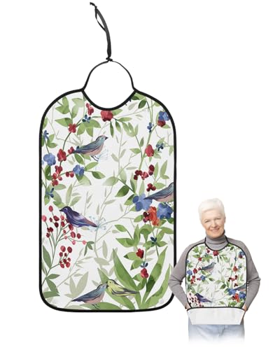 Kewadony Adult Bibs for Elderly Women - Green Botanical Waterproof Dining Clothing Protectors with Crumb Catcher for Eating/Feeding, Pastoral Spring Floral Birds Terry Cloth Bib Machine Washable