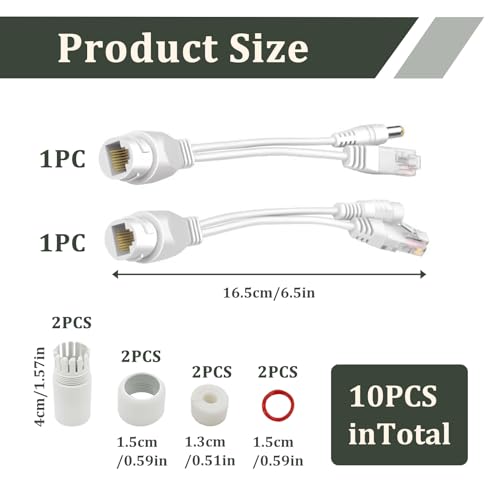 Passives PoE Adapter Kabel, wasserdichter PoE-Splitter mit Injektor und Splitter für IP Kamera Netzwerke Netzwerk Switch Router VoIP Telefon Überwachung Ethernet RJ45 PoE Connector Weißes Set