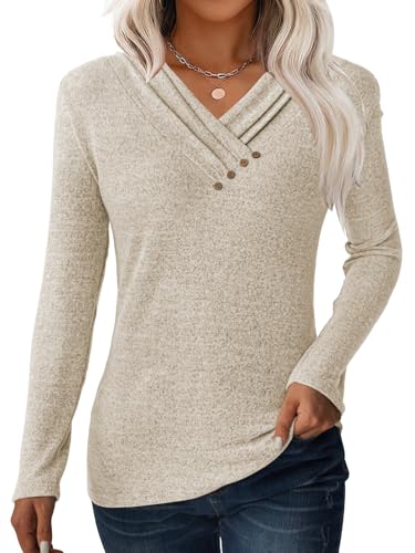 Women Long Sleeve Tunic Tops for Leggings V Neck Button Loose T Shirts 2025 Fall Dressy Casual Blouse Sweatshirt Sweater