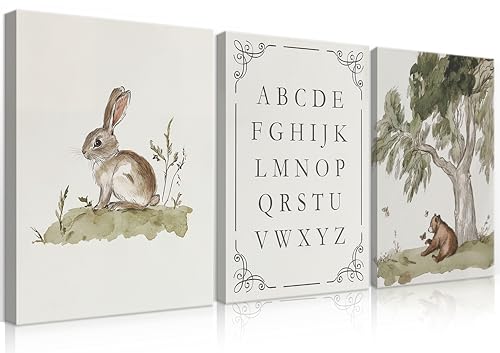 Image of LSXARTQQ Set of 3 Woodland Nursery Wall Art Neutral Forest Animal Alphabet Canvas Wall Decor Vintage Nursery Wild Animals Paintings Pictures Kids Boys Girl Room Bear Bunny Artwork Prints(12x16inch)