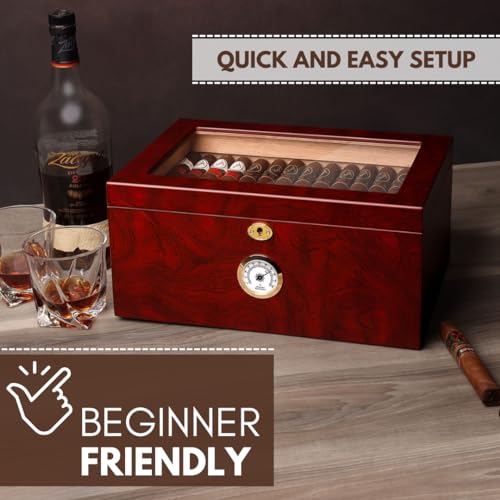 Mantello Cigars Large Glass-top Cigar Humidor Humidifier Box for Up to 100 Cigars with Hygrometer and Removable Cedar Tray - Thumbnail 3