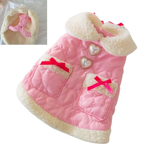 Heart Print Dog Winter Dress with Pearl and Bow Decoration Puppy Dress for Small Dogs Pet Coat Dog Christmas Outfit
