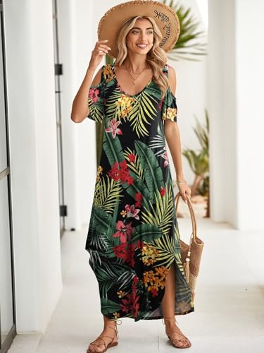 Image of BELAROI Womens Cold Shoulder Maxi Dress Plus Size V Neck Summer Sundresses with Pockets Beach Coverup Vacation Outfits