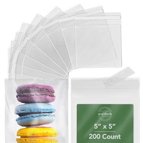 Seal Fresh 5 x 5 Inch Cellophane Bags 200 Pack — Clear Self-Sealing Resealable Treat Bags for Cookies, Candy, Pastries, Party Favors, Square Cello Packaging