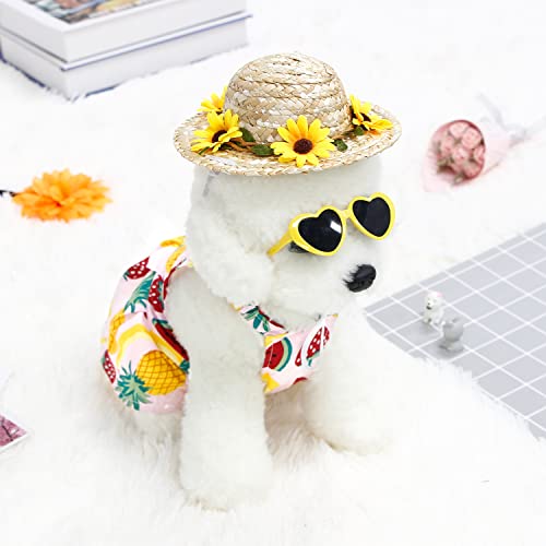Hawaiian Dog Dress With Dog Straw Hat With Dog Glasses Suit Spring Summer Puppy Clothes For Small Dogs Girl Dog Ourfit Apparel For Chihuahua Yorkie (X-Small, Pink) #TOP4