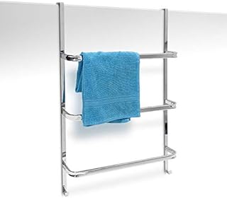 Relaxdays Towel Holder with 3 Rails: 85 x 54 x 11 cm Stainless Steel for All Standard-Size Doors with no Drilling, Chrome Finish w/ 2 Hooks, Modern Bathroom & Kitchen Style, Metallic Silver