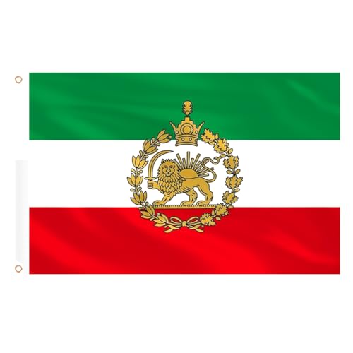 AhfuLife Grande Drapeau Iran avec Lion et Soleil 90×150cm, 1Pcs Drapeau Iranien Lion Double Face avec œillets en Laiton en Polyester pour Fête Jadin Bar Extérieur