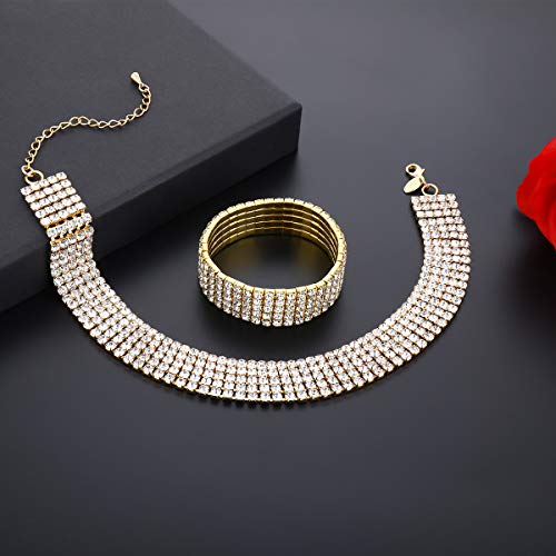 Zealmer 18K Yellow Gold Plated 1-5 Rows Rhinestone Choker Necklace & Stretch Bracelets Set Wedding Jewelry4