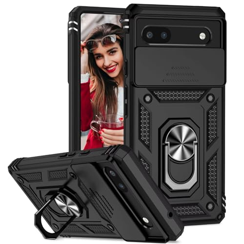 POUHYE Funda para Google Pixel 6a Carcasa Original, Silicone TPU + PC Rugged Bumper Case con 360° Magnético Anillo Soporte, Cubierta de cámara Deslizante Proteger Carcasa Negro
