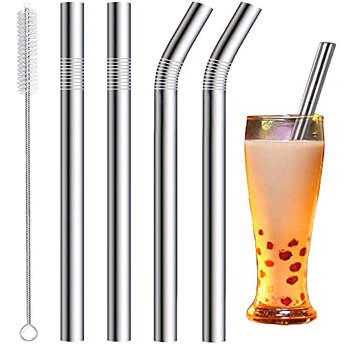 Vinaco Wiederverwendbare Bubble Tea Strohhalme 12 MM - Set aus 4 Edelstahl Strohhalme 216/266 MM Lang mit 1 Bürste für Dicke Getränke & Milchshakes