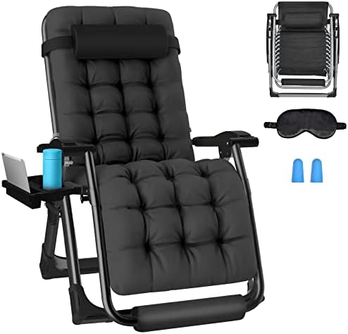 Slendor Zero Gravity Chair, 26inch Zero Gravity Recliner, Folding Reclining Lounge Chair,Indoor Outdoor Patio Chairs with Pillow, Cushion, Footrest,Cup Tray, Support 440lbs,Black