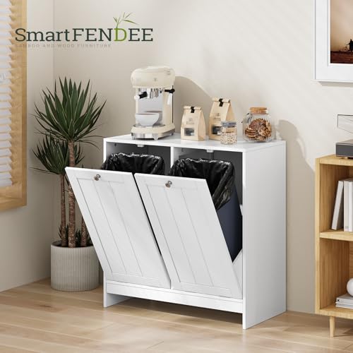 Image of Smart FENDEE Double Tilt Out Laundry Hamper Cabinet, 11.8 Gallon Hidden Trash Cabinets with 2 Baskets for Kitchen, Freestanding Small Bathroom Storage Cabinet Unit, White