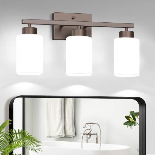 Image of IZORRO Bathroom Light Fixtures, Modern Vanity Lights, Bathroom Lighting Fixtures Over Mirror with Milky White Shade, Wall Sconce for Living Room Cabinet Bedroom (Oil Rubbed Bronze, 3-Light)