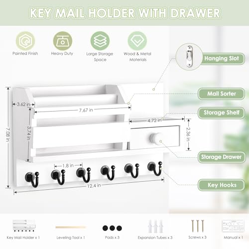 VISV-Key-Holder-Wall-Mount-Wooden-Key-Mail-Holder-with-Drawer-Key-Organizer-Mail-Sorter-with-6-Key-Hooks-Key-Rack-with-Shelf-for-Entryway-Doorway-Hallway-White