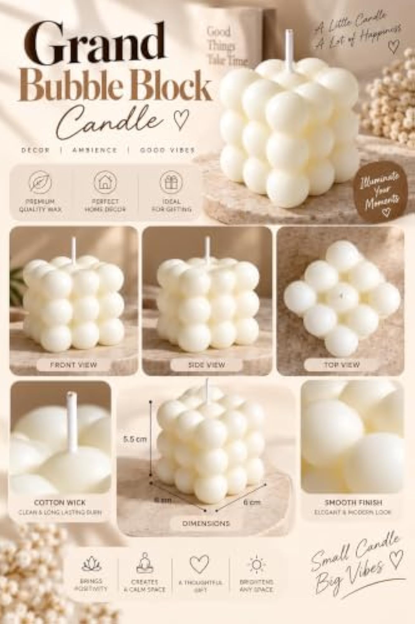 White Bubble Cube Candle, Decorative Pillar Wax Accent