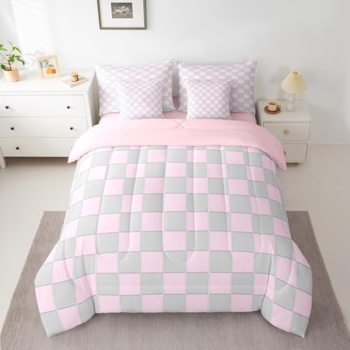 Image of Erosebridal Pink and Grey Girls King Comforter Set 7 Piece Cute Checkered Bedding Sets with Sheets for Kids Teen Women,Geometric Grids Plaid Bed in A Bag Bedroom Decor,Gingham Bed Set