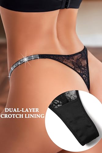 Image of Avidlove Lace Thongs for Women with Rhinestone-Embellished Strap Cheeky Underwear Sexy Panties 1-3 Pack