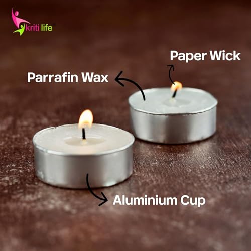 Image of Kriti Life Tealight Candles 100% Paraffin Wax 4.5 Hours | Set of 50 Pcs | Smokeless & Unscented | Dripless White Perfect Candles for Home Decor
