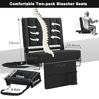 Stadium Seats for Bleachers with Back Support and Wide Padded Cushion, Portable Folding Bleacher Chairs with Backrest and Shoulder Strap, Perfect Bleacher Cushion for Sports Event (2 Pack, Black)