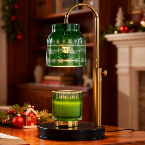 AIKUT Christmas Candle Warmer Lamp with 2 Bulbs Timer & Dimmer Compatible with Large Yankee Candle Jars 3 Wick Candles Height Adjustable Electric Top Candle Melter Green 110-120v