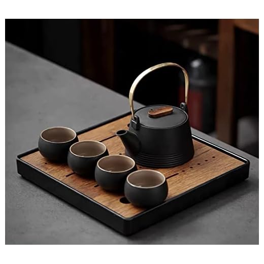 TRENDVEI Japanese Coarse Pottery Tea Set, Chinese Kungfu Loop-Handled Teapot with Infuser, 4 Cups and 1 Tea Tray