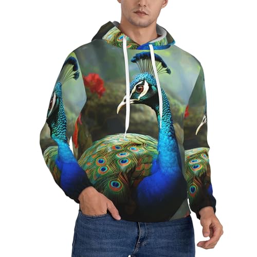 Men's Fleece Pullover Hoodie Long Sleeve Hooded Colorful Peacock Sweatshirt Casual Shirts With Pockets Small Black