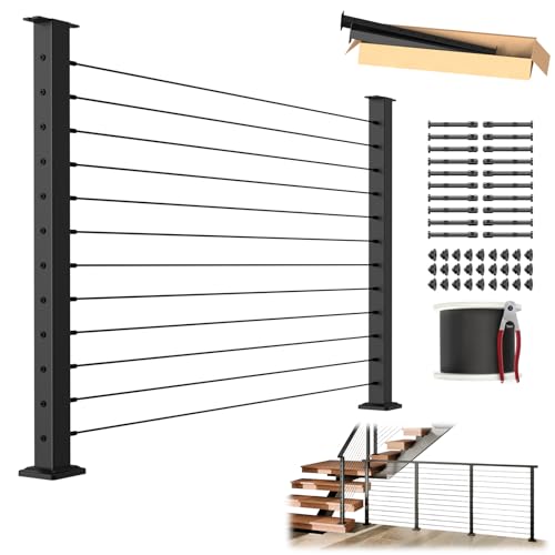 Image of BLIKA 4FT-8FT Complete Set 42 inch Cable Railing Post Kit, Black Level Drilled Cable Railing Post, Swageless Cable Railing System Include 2Pack Level Posts, 1 /8 inch 100FT Stainless Steel Cable(No Handrail)