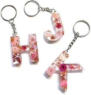 Handmade A-Z Letter Keyring with Pink Pressed Flowers and Rose Gold Foil. Ideal Keychain Gift or Bag Charm (A)