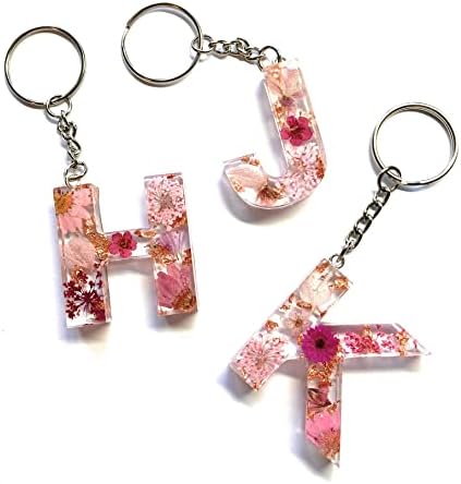 Handmade A-Z Letter Keyring with Pink Pressed Flowers and Rose Gold Foil. Ideal Keychain Gift or Bag Charm (A)