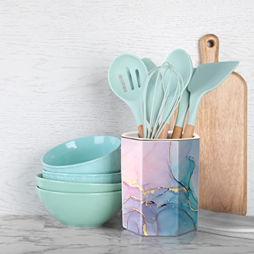 Waveyu Large Capacity Colored Ceramic Makeup Brush Holder For Desk, Kitchen Utensil Holder For Home, Pencil Holder For Office Holder Organizer For Girl Women Adult Teen Gift, Colorful Marble 02 #TOP1