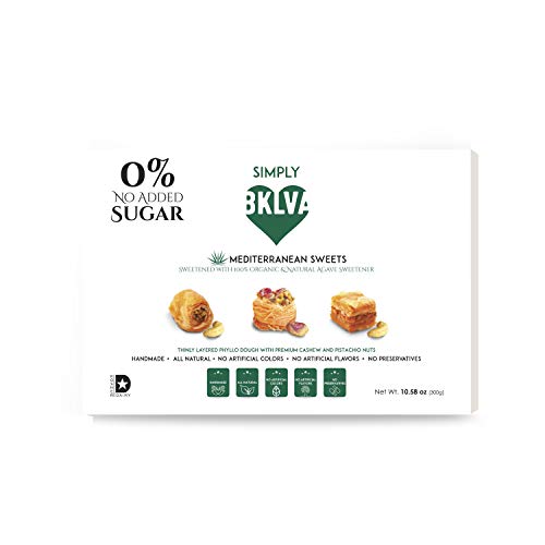 Simply BKLVA No Added Sugar Assorted Baklava - Sweetened with 100% Organic and Natural Agave Sweetener - Net Weight 10.58 oz (300g)