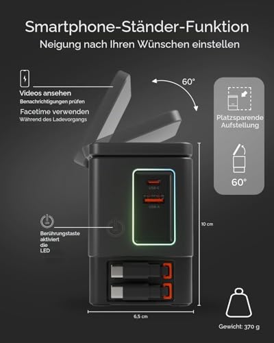 SBS Power Dock 6in1 100W USB-C, Kabelloses Laden 15W, MagSafe-kompatibel, Power Delivery (PD 3.0 PPS), Ladestation mit 2X Einziehbarem Kabel, Netzteil für Notebook, iPhone, AirPods, Schwarz