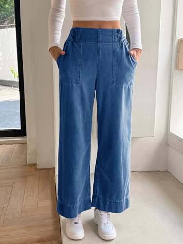 Image of Cicy Bell Womens Wide Legs Baggy Jeans Elastic High Waisted Casual Loose Boyfriend Denim Pants with Pockets