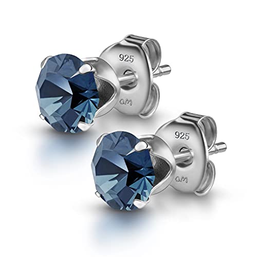 Imagen de Amberta Pendientes de Botón para Mujer en Plata de Ley 925 con Cristales Lumini Blue Collection: Denim Azul Oscuro