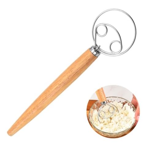 Danish Dough Whisk,LIUHUIZEYU Oak Handle Stainless Steel Coil Egg Beater Danish Dough Mixing Stick for Bread Cake Making(13 Inch) Cover