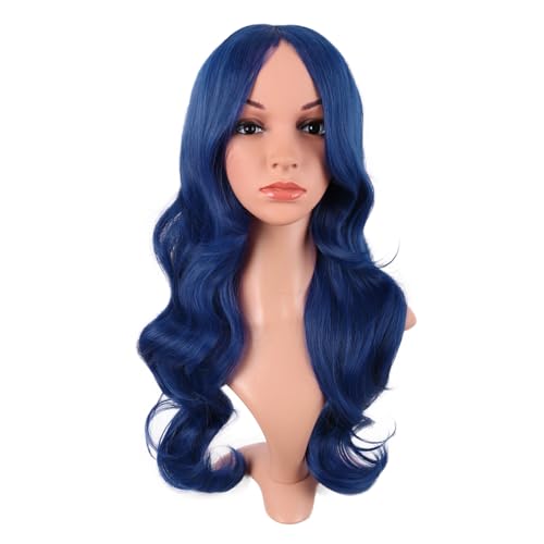 MapofBeauty 24 Pouces/60 cm Monochrom Haut-température fibre Side Frange Waves Roll Perruques Dreamy Perruques (Mélangé Bleu)