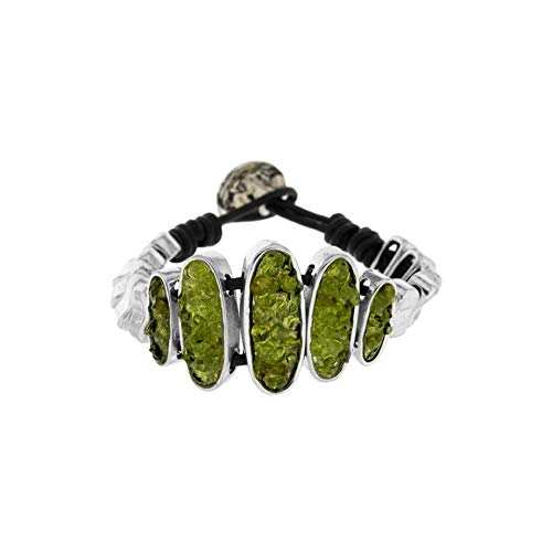 CLIPSEAM Pulsera para Mujer de Zamak Baño de Plata y con Olivina (Peridoto) Volcánica, Adaptable a Dos Medidas Mediante Cierre prolongación Incluido con la Pulsera, diseñado y Hecho en España