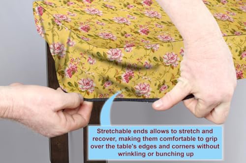 Image of The Furnishing Tree Elastic Cotton Square Dining Table Cover 42x42 in Inches Floral Pink Rose on Yellow Base