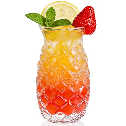 NUOBESTY Pineapple Cocktail Glass 16 Oz Textured Pina Colada Cup Tropical Tiki Style Clear Pineapple Cup for Cocktails Juice Mocktails Home Bar Summer Party