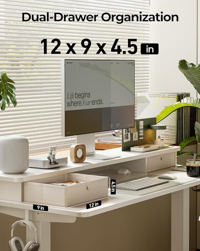 Image of FEZIBO 55 x 24 Inch Height Adjustable Electric Standing Desk with Double Drawer, Stand up Home Office Computer Desk with 4 Height-Adjustable Feets & 2 Hooks, White