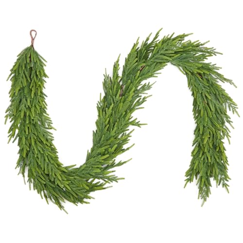 GarveeHome 9 Ft Realistic Christmas Garland, Real Touch Norfolk Pine Garland for Mantle, Dense Artificial Greenery Garland Decorations for Fireplace Stairs Railing Dining Table Indoor Outdoor, 1 Pcs