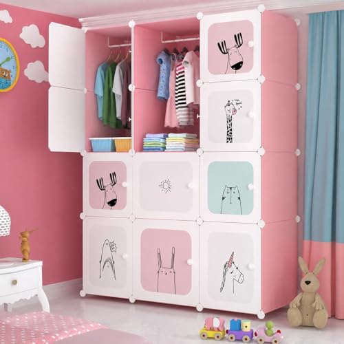 Image of EXVITO Kids Plastic Wardrobe - 12 Door Foldable Almirah for Clothes with Hanging Rod, Collapsible Wardrobe Cartoon Print Cupboard for Baby & Kids Room