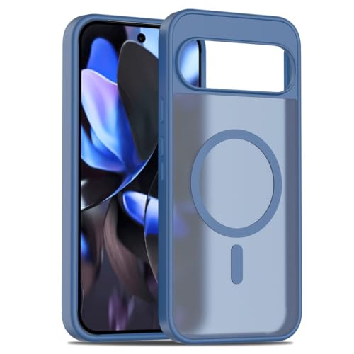 Coque Pixel 9 Pro 5G silicone rigide transparente et bleue avec support magnétique