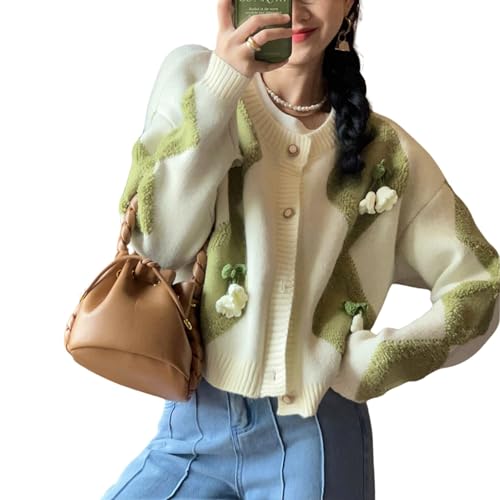 Chevara Women’s 3D Flower Embroidered Sweater Cardigan Button Down Long Sleeve Cropped Knitted Cardigans Tops