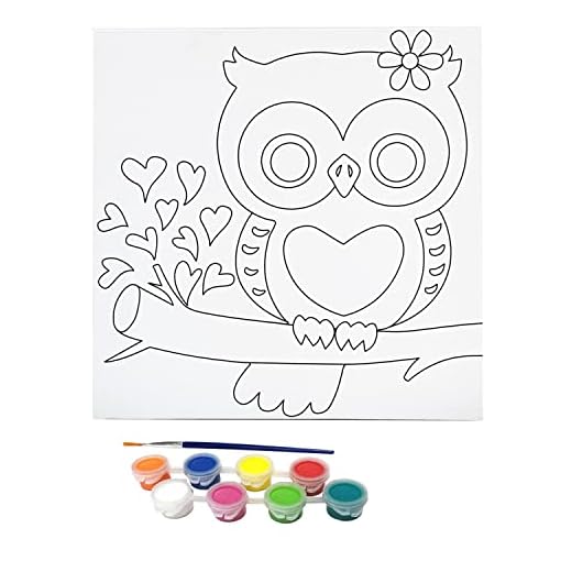 MISCO Toys Canvas Paint Party Kits, 11 Piece Art kit Pre-Drawn Outline Canvas for Paint and Sip 8 Colors and Brush Included, Great Gift for Kids 4+ and Adults Too! (Owl)