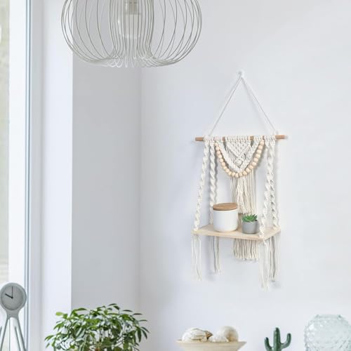 Image of Macrame Wall Hanging Shelf Handmade Floating Boho Decor Shelf Wooden Dowel and Beads with Braided Design for Display Bedroom Living Room Nursery Decor Home Office Shop Gifting Use Pack 1