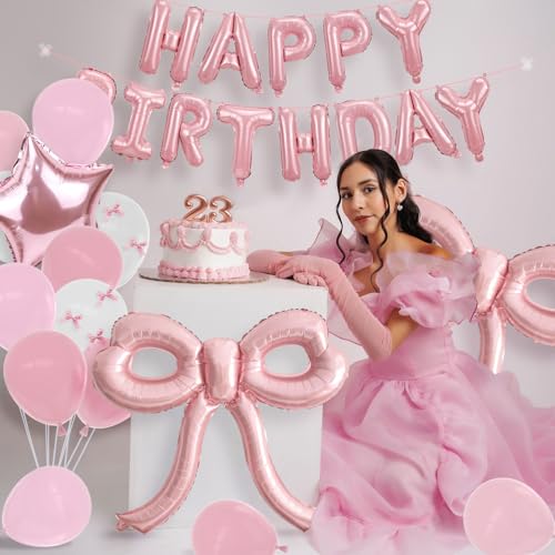 Image of Bow Party Decorations Pink Happy Birthday Balloons Banner Pink Birthday Decorations Bow Balloons for Women Girls Birthday Decor Party Supplies